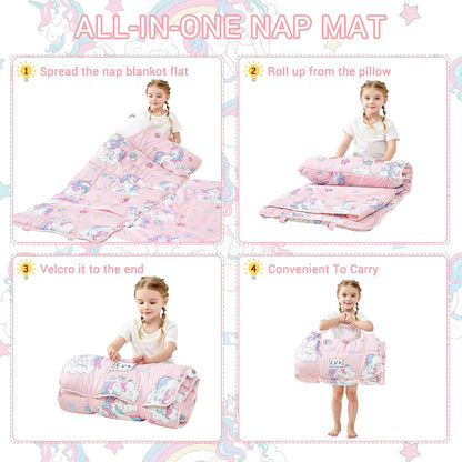Lasoftan Toddler Nap Mat with Pillow and Blanket, Extra Large Rolled Napping Mats,Slumber Bags for Boys Girls,Kids Sleeping Bag for Daycare, Preschool Travel Camping