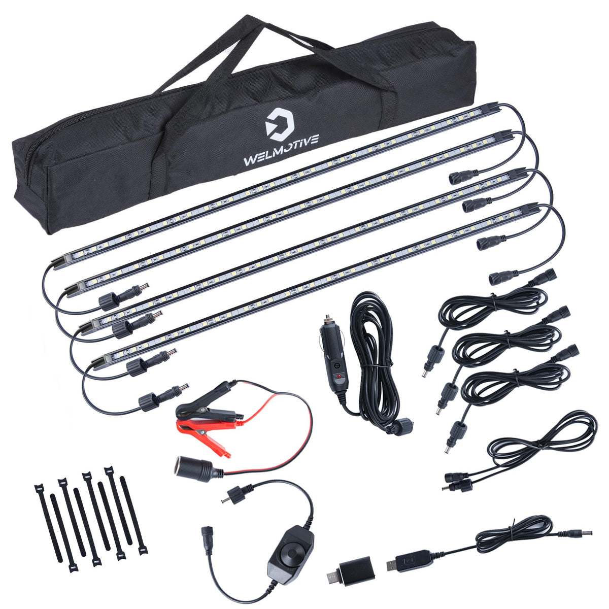 12V LED Light Bar Kit, 2 Bars White & 2 Bars Amber Adjustable Brightness RV Camping Lights - Waterproof IP67, Magnetic & Strap Mount, Portable Lighting for Tent, Car, Trailer, Boat, Truck, Off-Road