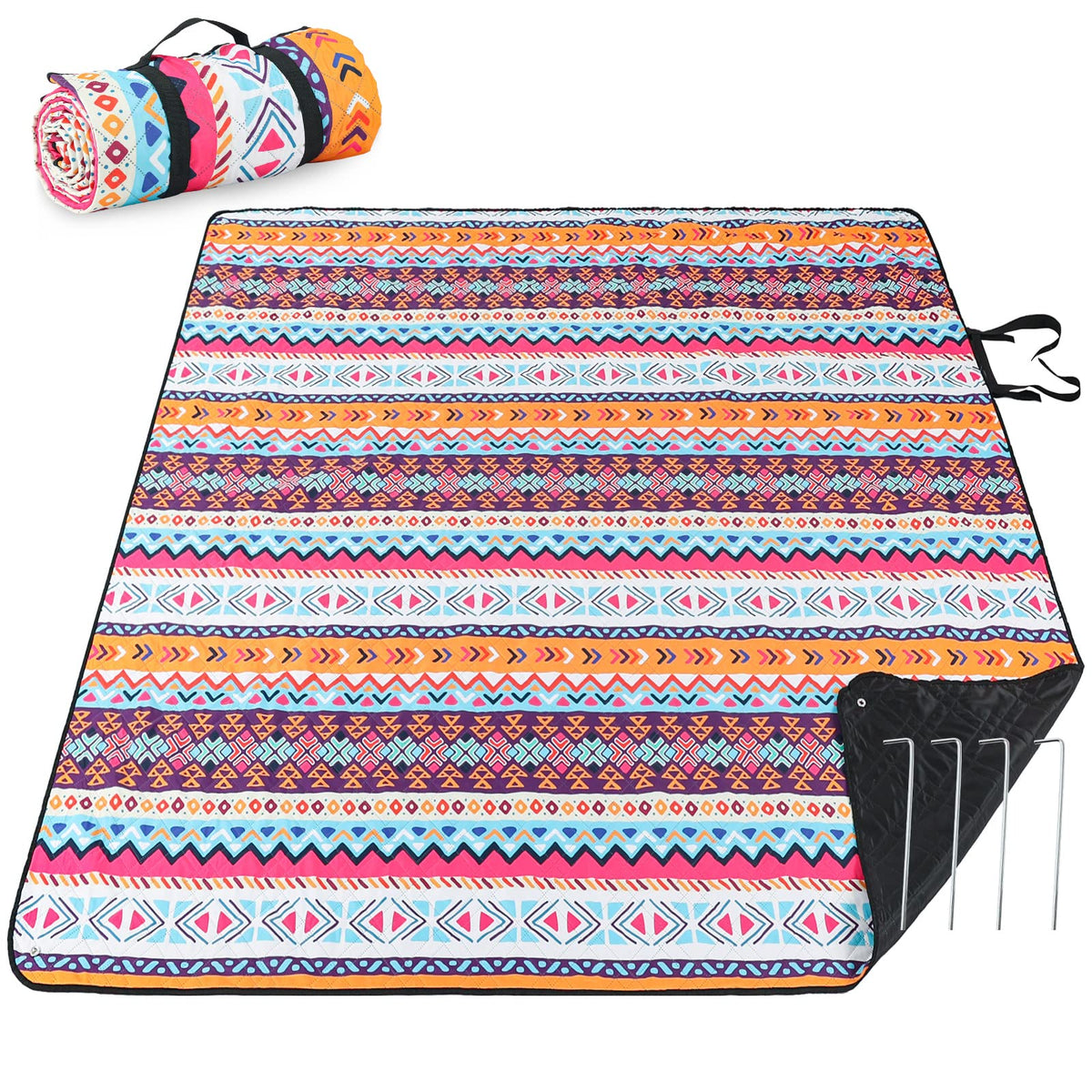 PY SUPER MODE Picnic Blankets Extra Large, Waterproof Foldable Outdoor Beach Blanket Oversized 83x79” Sandproof, 3-Layer Picnic Mat for Camping, Hiking, Travel, Park, Concerts(Orange Boho)