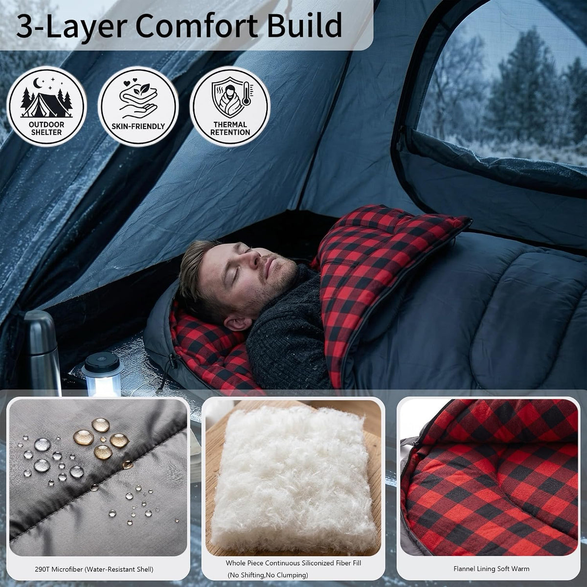 Winter Flannel Sleeping Bags XL for Big & Tall Adults, Cold Weather Camping