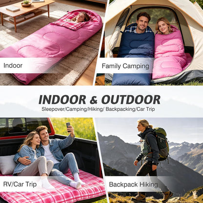 Uniqwamer Sleeping Bag for Adults Kids - 4 Seasons Cold & Warm Weather Flannel Camping Sleeping Bags, Lightweight & Waterproof Sleeping Bag for Camping Hiking Outdoor Travel