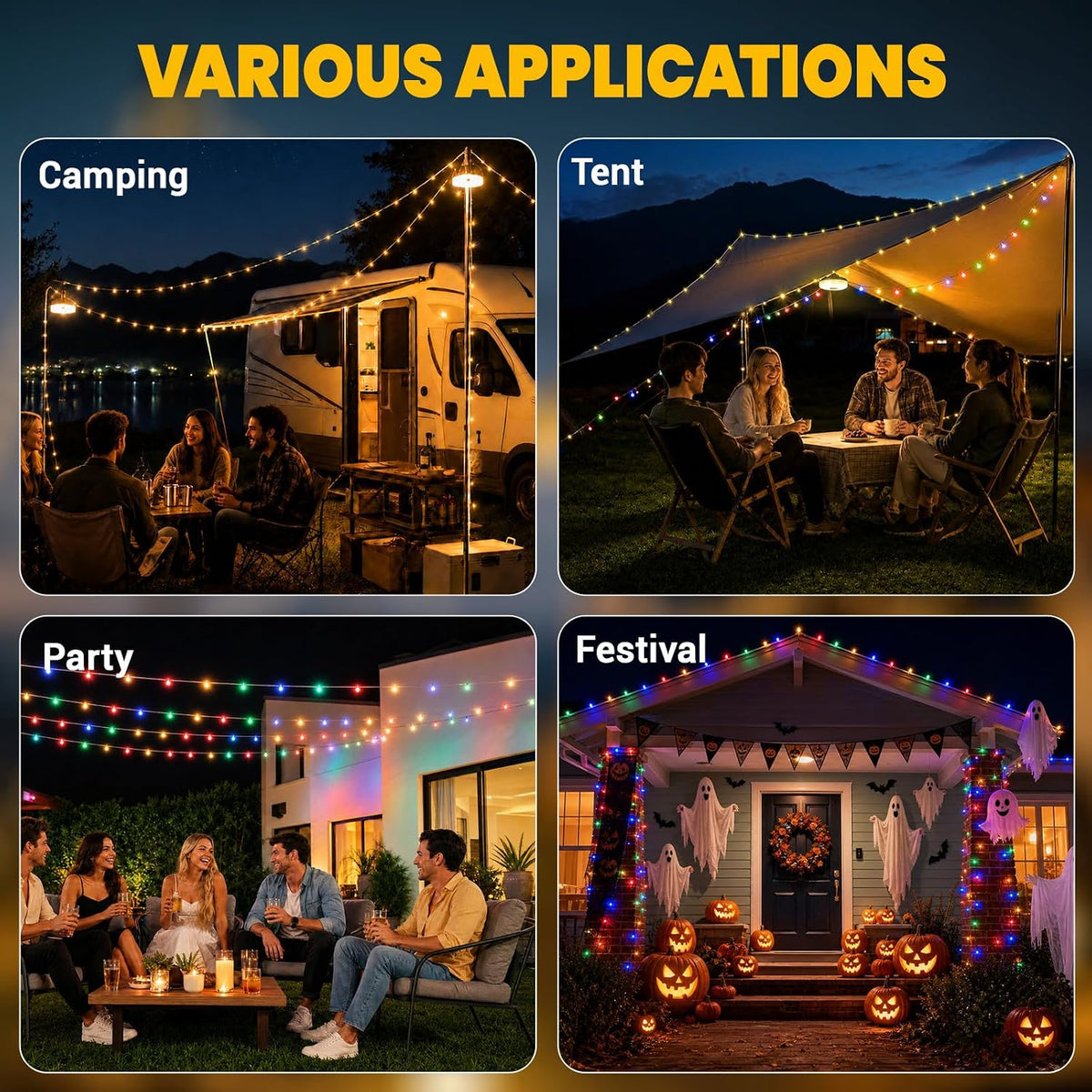 2Pack Solar Camping String Lights, 32.8FT Warm/RGB Rechargeable Tent Lights