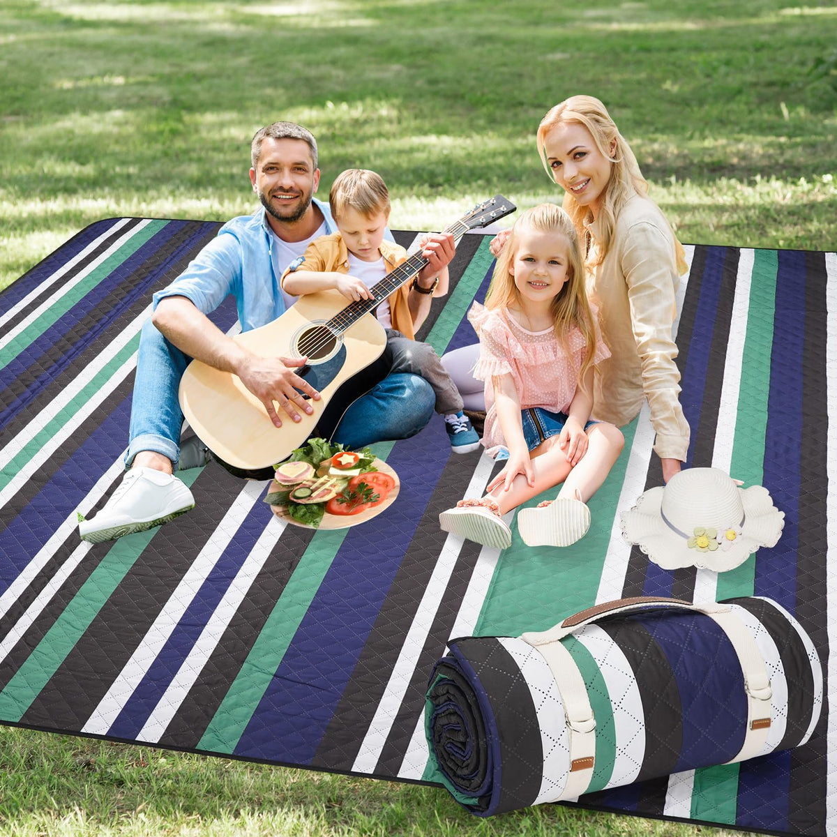 G GOOD GAIN Picnic Blankets Waterproof Outdoor 80"x80" Large, BlueStrip