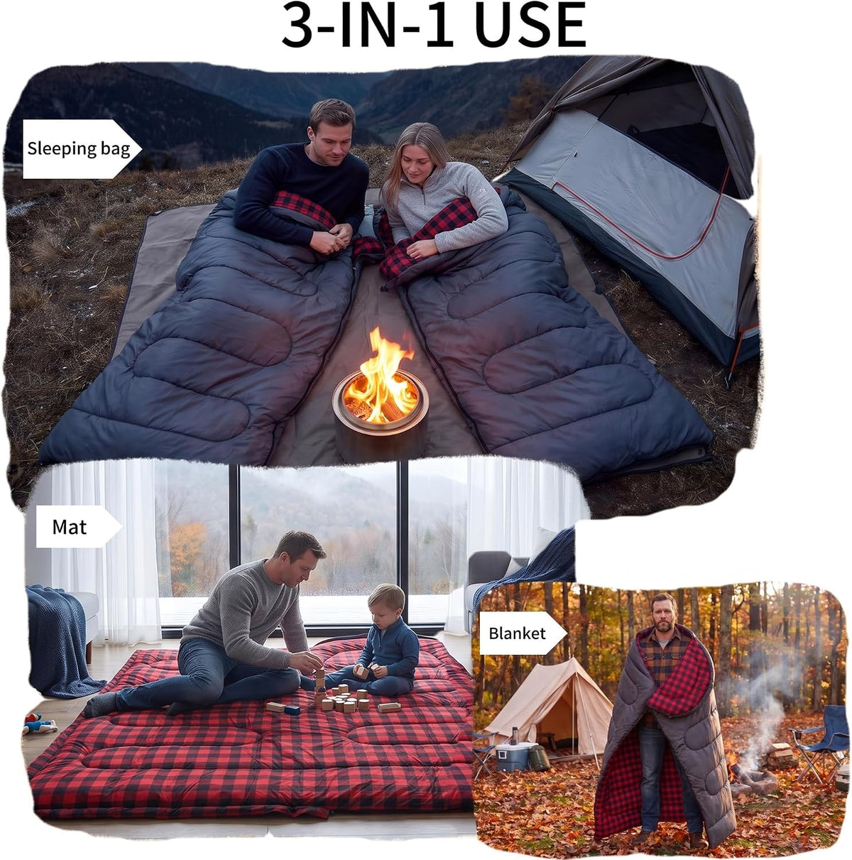 Winter Flannel Sleeping Bags XL for Big & Tall Adults, Cold Weather Camping