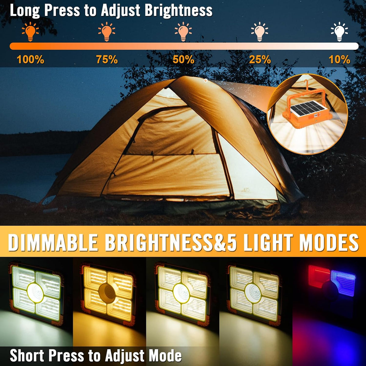 100W LED Solar Work Light, 466 LED 10000LM Magnetic Worklight with 5 Modes, 12000mAh Battary Rechargeable, IP66 Waterproof Portable Solar Outdoor Working Light for Emergency, Repair, Camping