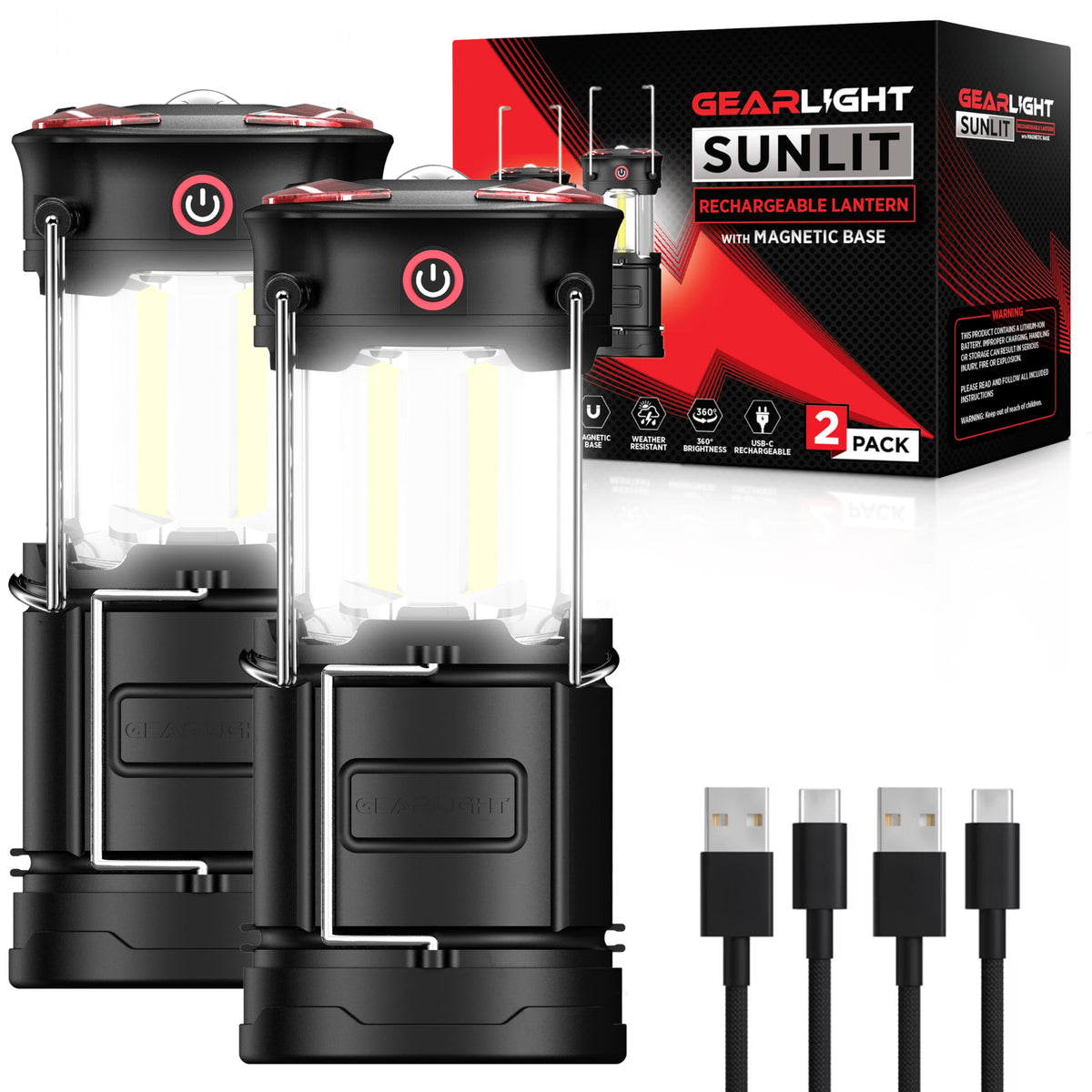 GearLight Camping Lantern - 2 Portable LED Battery Powered Lantern with Magnetic Base and Foldable Hook for Emergency Use or Campsites, Essential Hurricane Survival Kit with Batteries - Black