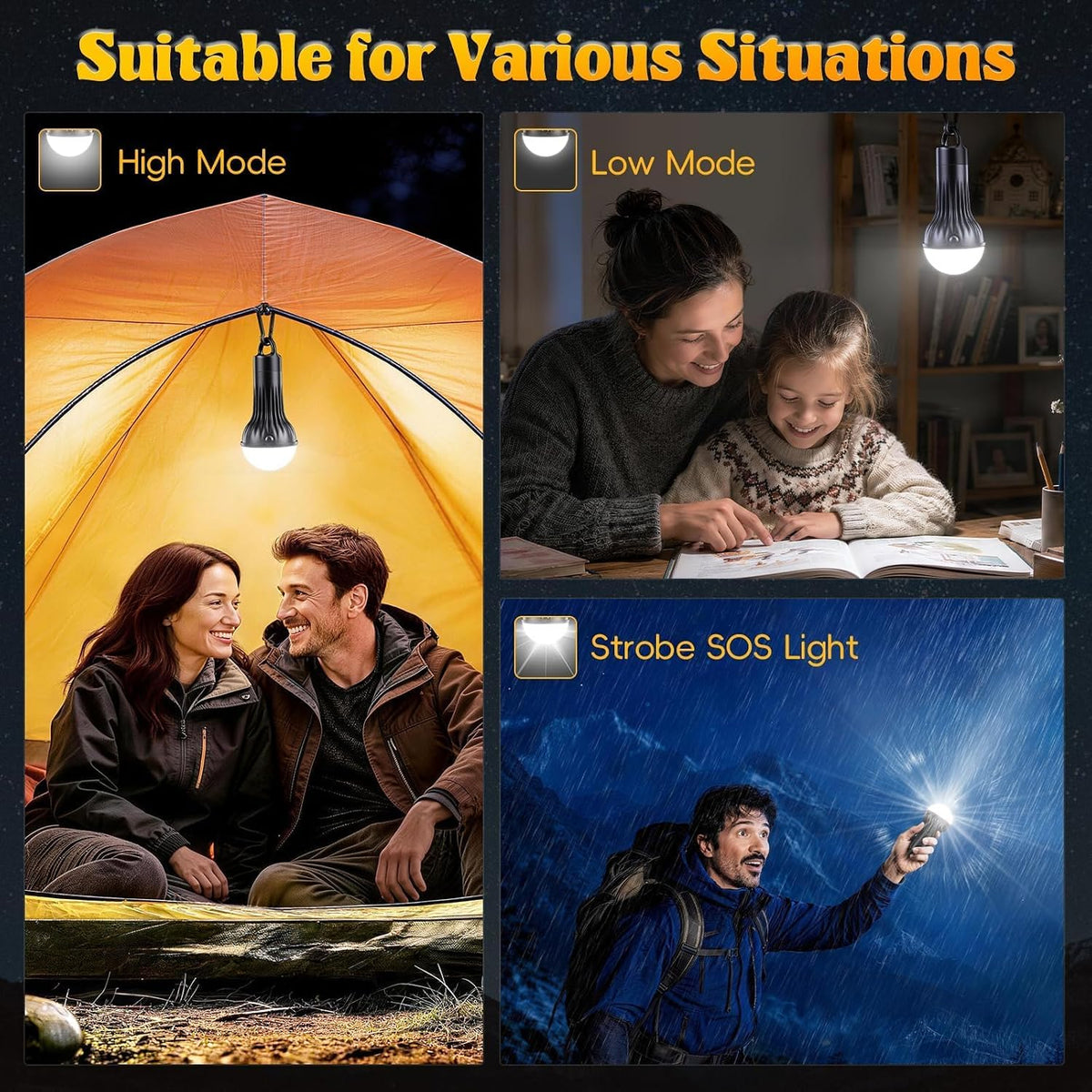 FLY2SKY Rechargeable LED Camping Lights Clip Hook Emergency 3Pcs 1800mAh