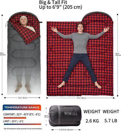 Winter Flannel Sleeping Bags XL for Big & Tall Adults, Cold Weather Camping