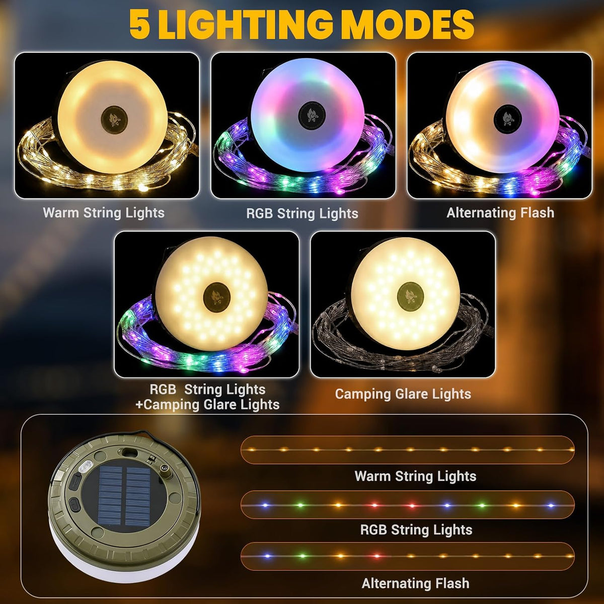 2Pack Solar Camping String Lights, 32.8FT Warm/RGB Rechargeable Tent Lights
