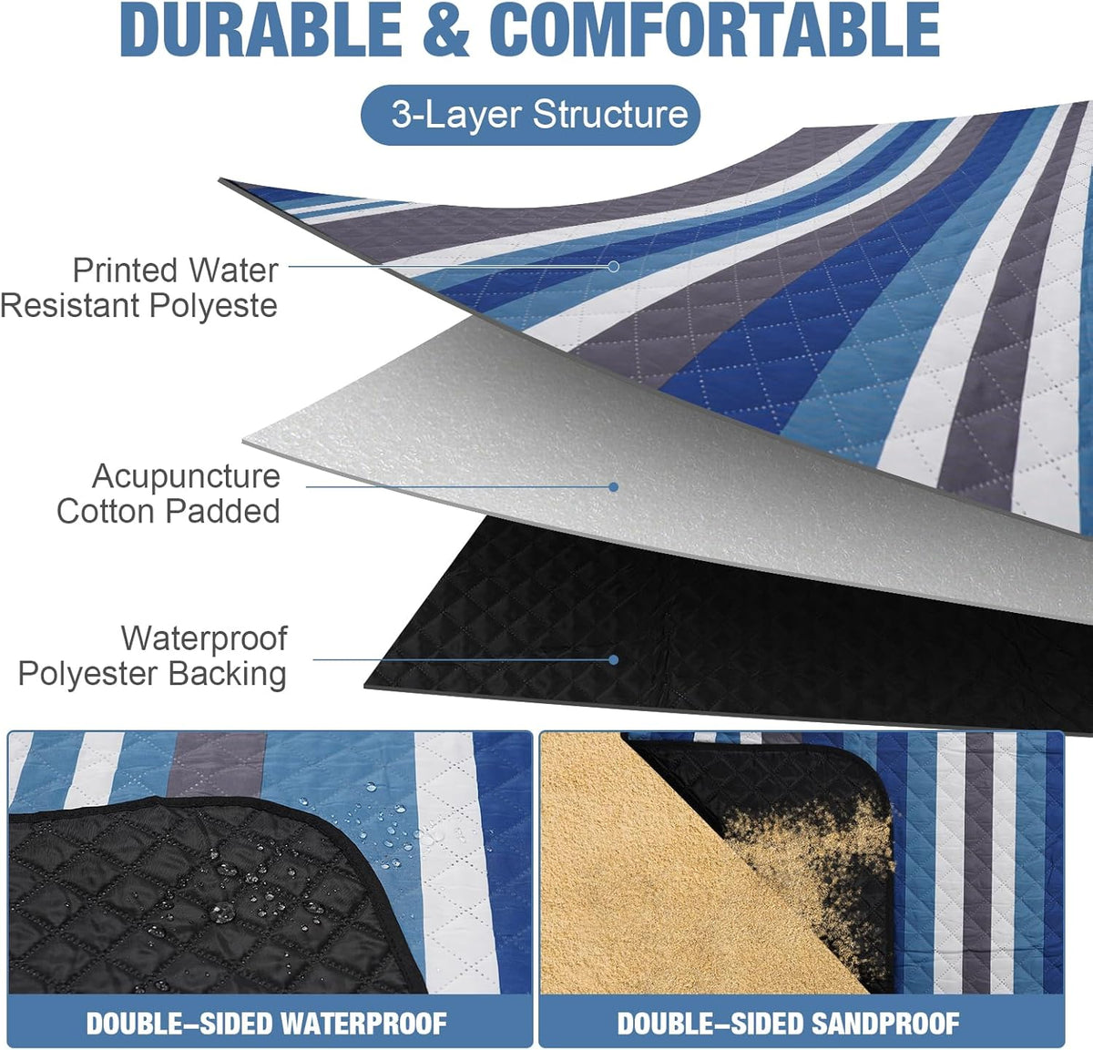 G GOOD GAIN Picnic Blankets Waterproof Outdoor 80"x80" Large, BlueStrip