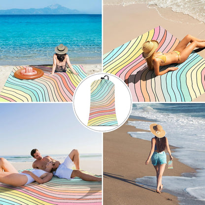 Beach Blanket Sandproof Waterproof, Large Beach Mat for 2-4 Adults with Stakes, Sand Free Compact Lightweight Picnic Blankets, Beach Essentials Necessities Accessories Must Haves-Colorful Rainbow Wave