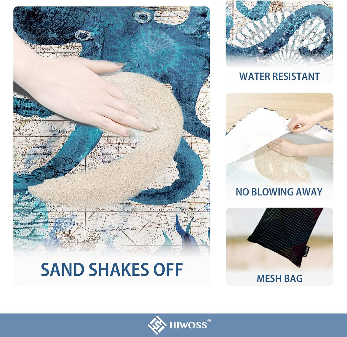 Beach Blanket Waterproof Sandproof Oversized 95”x 80”,Sand Free Beach Mat with Corner Pockets,Portable Mesh Bag for Beach Festival,Picnic,Travel and Outdoor Camping (Octopus)