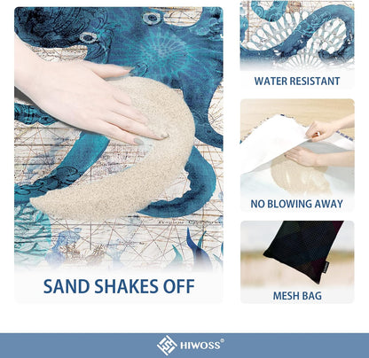 Beach Blanket Waterproof Sandproof Oversized 95”x 80”,Sand Free Beach Mat with Corner Pockets,Portable Mesh Bag for Beach Festival,Picnic,Travel and Outdoor Camping (Octopus)