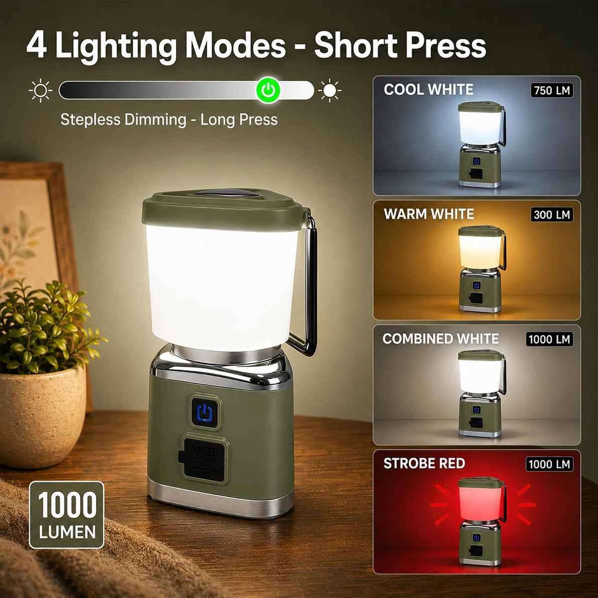 Rechargeable Camping Lantern,1000LM 4 Lighting Modes, Stepless Dimming