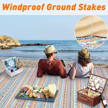 PY SUPER MODE Picnic Blankets Extra Large, Waterproof Foldable Outdoor Beach Blanket Oversized 83x79” Sandproof, 3-Layer Picnic Mat for Camping, Hiking, Travel, Park, Concerts(Orange Boho)