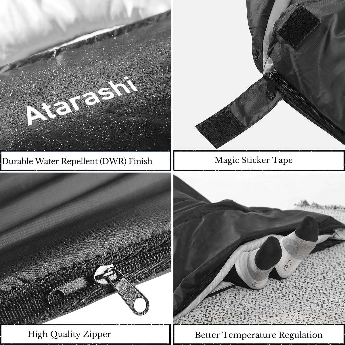 Atarashi Camping Sleeping Bag- 4 Seasons for Adults, Light, Warm, Extra-Large with Compression Sack- Great for Hiking, Backpacking & Outdoor Adventures