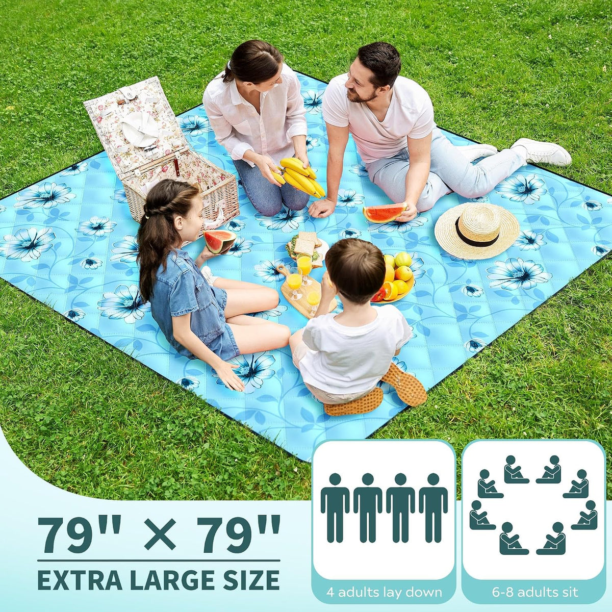ANJ Outdoors XXL Waterproof Picnic Mat, 79 x 71' Soft Fleece Beach Blanket