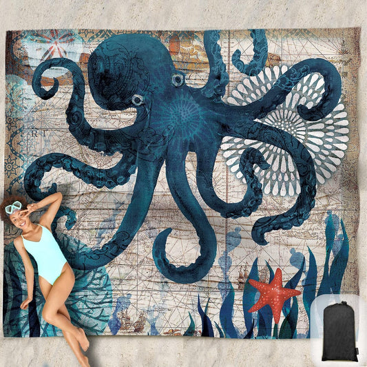Beach Blanket Waterproof Sandproof Oversized 95”x 80”,Sand Free Beach Mat with Corner Pockets,Portable Mesh Bag for Beach Festival,Picnic,Travel and Outdoor Camping (Octopus)